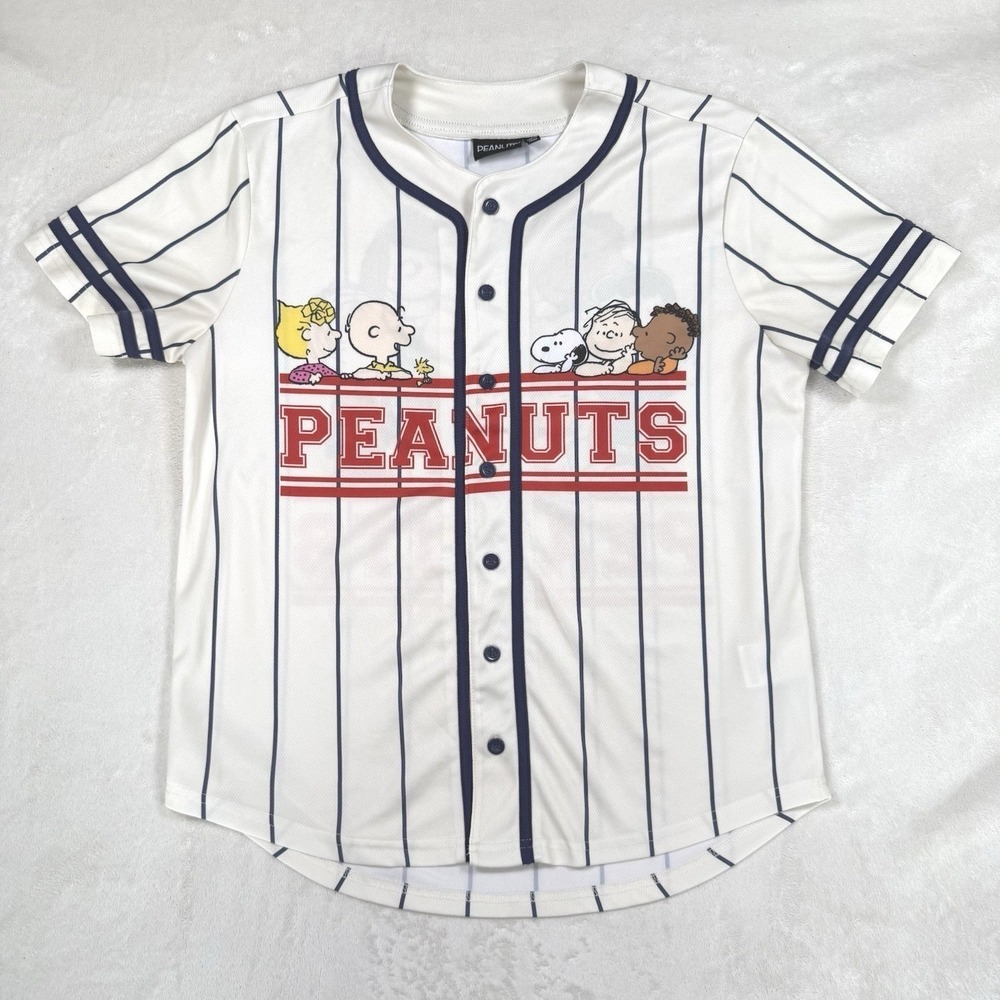 Peanuts‎ Gang Pinstripe Baseball Jersey Shirt Large Off White Cream
